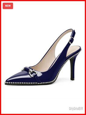 Women Patent Leather Slingback Pumps 3.5 Inch Stiletto Heels Beaded Pointed Toe